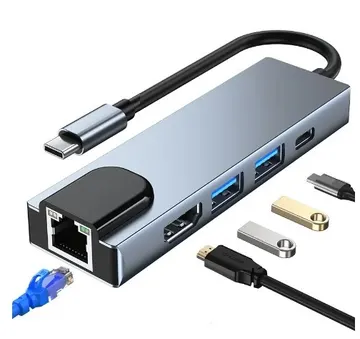 Type-C multiport 5 in 1 adapter with LAN Type-C multiport adapter with LAN, USB 3.2 Type-C, 2xUSB 3.0, HDMI Adapter and Multiport HUB with LAN