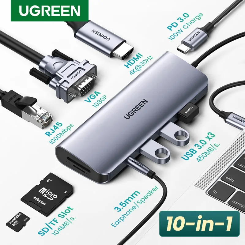 UGREEN USB-C Multiport HUB with LAN(45520) USB 3.0 Type-C to HDMI & VGA Adapter and Multiport HUB with PD + LAN